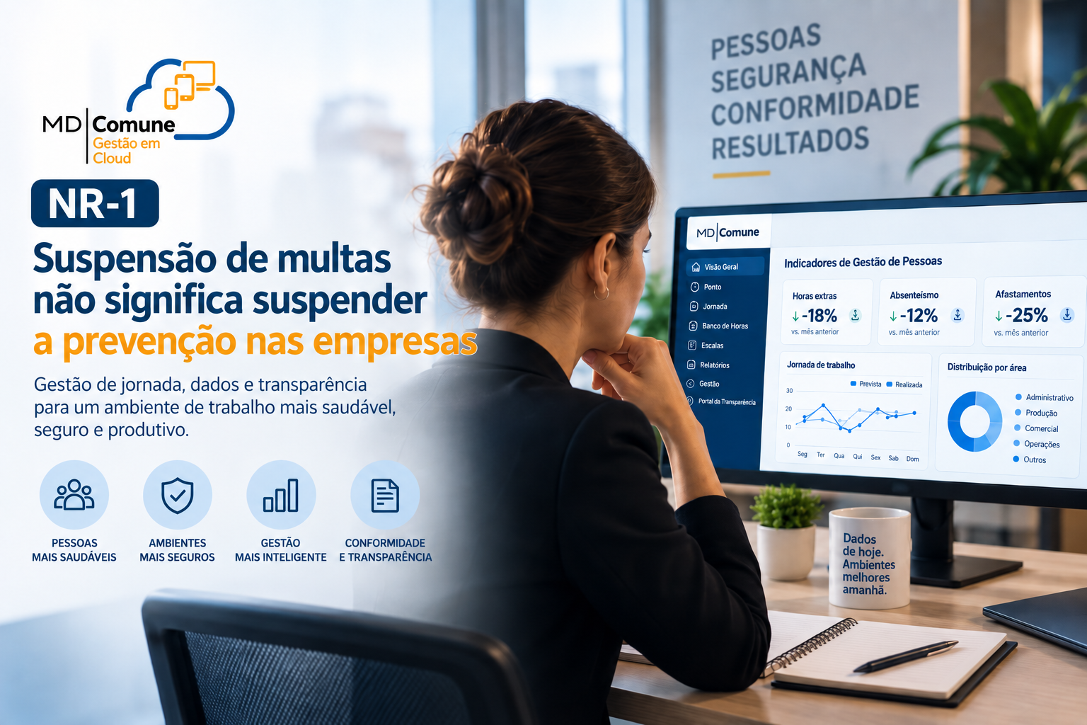 Profissional de RH analisando indicadores de jornada, riscos psicossociais e prevenção relacionados à NR-1