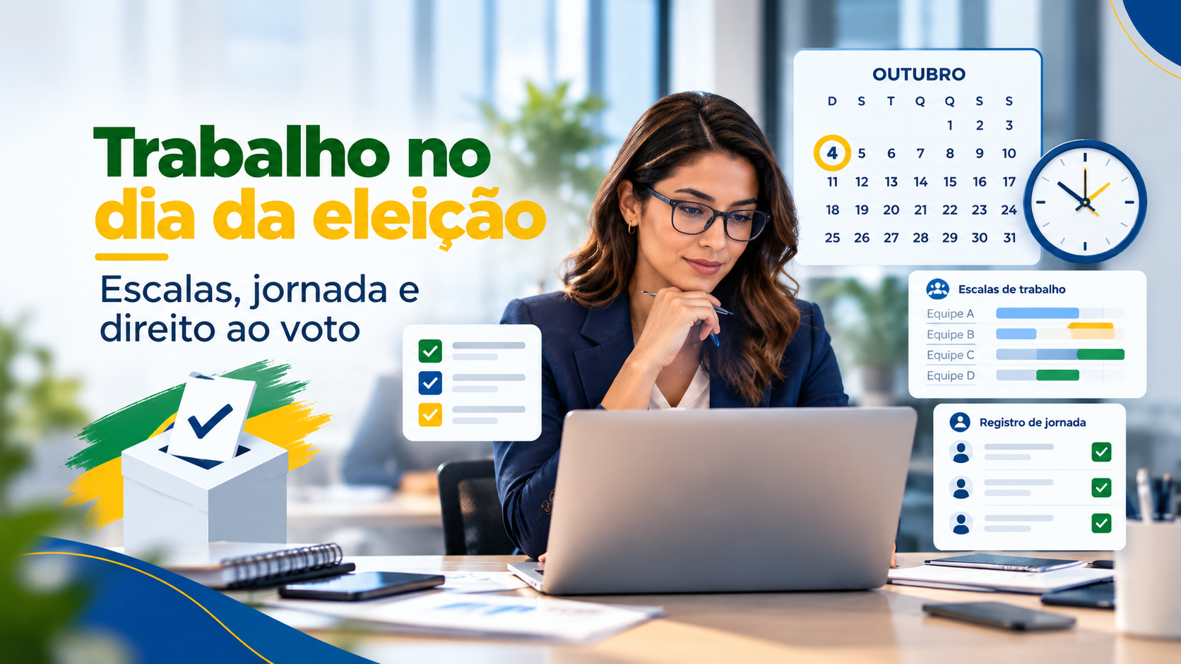 Profissional de RH organizando escalas e controle de ponto para colaboradores que trabalham no dia da eleição.